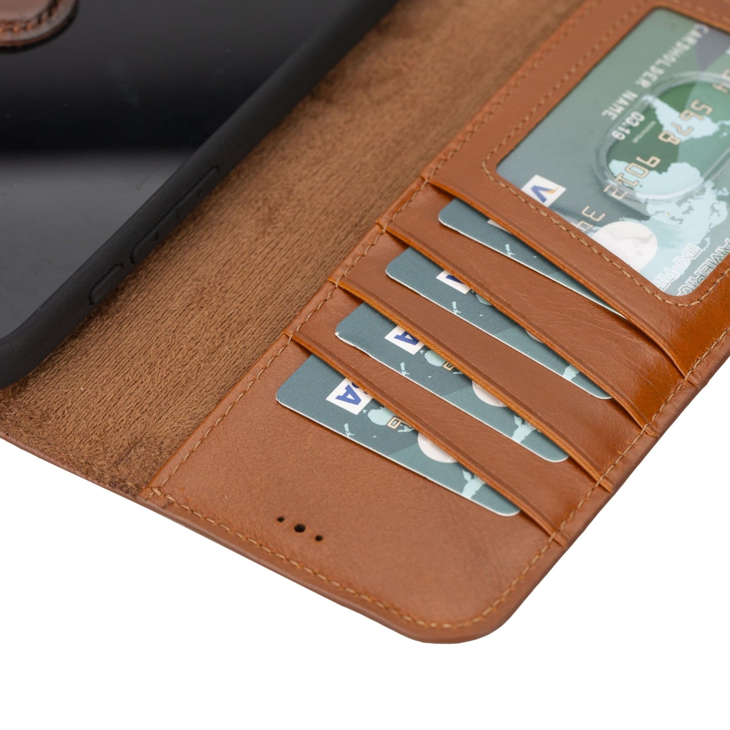 VENOULT Detachable Wallet Case for iPhone 15 Pro MAX, 4 Card Holder Wallet, Man or Women Folio Cover, Compatible with Magsafe, RFID, Genuine Leather, Kick Stand (Chestnut Brown)