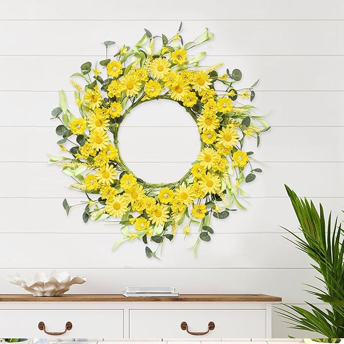 Spring Summer Door Wreath 20 Inch Yellow Daisies/Forsythia Flowers with Eucalyptus Leaves Seasonal Wreath for Front Door, Wall, or Porch Patio Decor