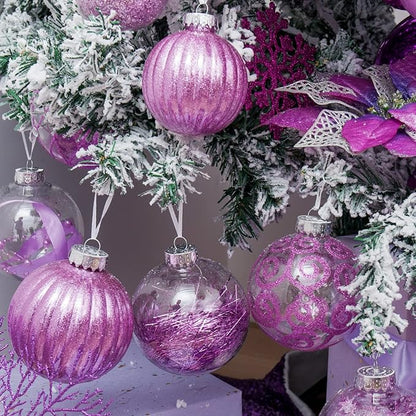 XmasExp 8ct Christmas Ball Ornaments Set -Large Clear Plastic Shatterproof Xmas Tree Ball Hanging Baubles Stuffed Delicate Glittering Holiday Wedding Xmas Party Decoration (100mm/3.94",Light Purple)