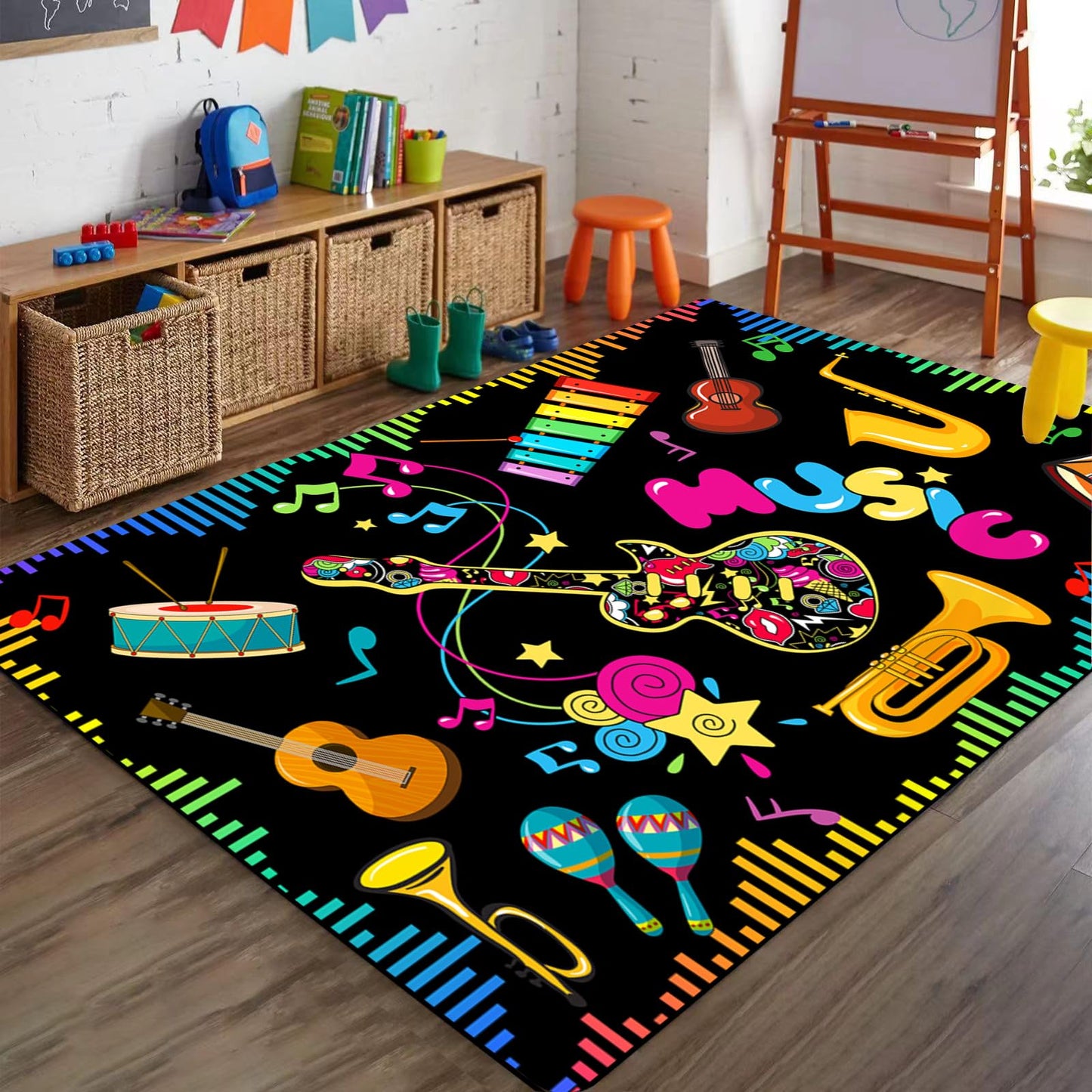 PLMHXC Musical Notes Musical Elements Printed Area Rug, 3x4ft, Guitar Drum Music Keyboard Classroom Playmat for Preschool, Durable Low Pile Fade Resistant Reduce Noise Rugs for Hallway Indoor