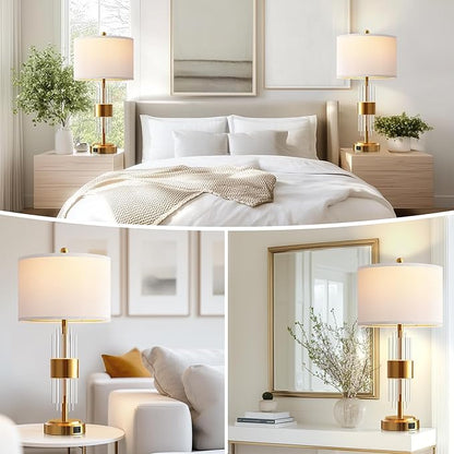 QiMH Table Lamp for Living Room with USB A+C Ports, Gold Bedside Lamps for Bedrooms Set of 2 with Touch Control, Modern Nightstand Lamp White Lamp Shade Home Office Decor (2700K LED Bulb Included)