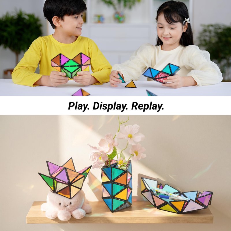TOSY Magnet Pyramid Stone - 1 Cube Transforms into 1 Billion Shapes (Bunny, Egg Basket, Flowers, Heart), Easter Birthday Gift, 12 pcs, 243 Magnets, Holographic Design, Puzzle/STEM Toy