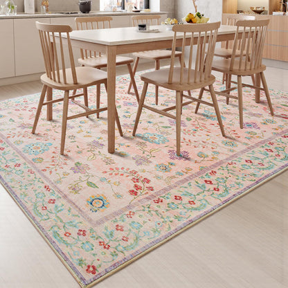 Goideal Pale Pink Rug for Girls Room, 4x6 Floral Washable Area Rug Non Slip, Boho Low Pile Carpet with Rubber Backing for Bedroom Living Room Bathroom Playroom Nursery Office