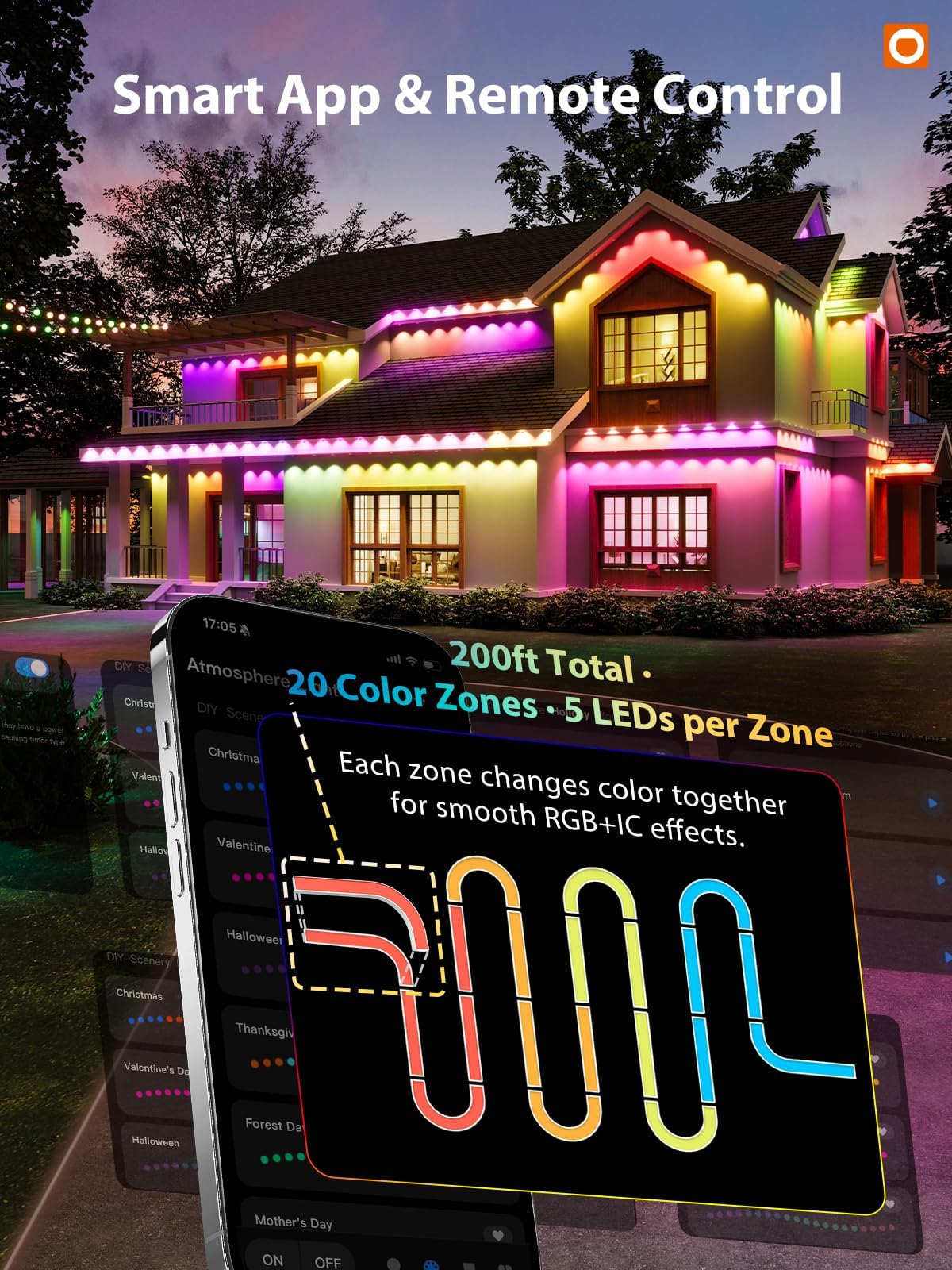 addlon Permanent Outdoor Lights, Smart RGB+IC LED Lights for House & Outdoor Decor, App & Remote Control, Scene Modes, IP67 Waterproof for Christmas, Holiday, Valentine's Day Decorations, 200FT