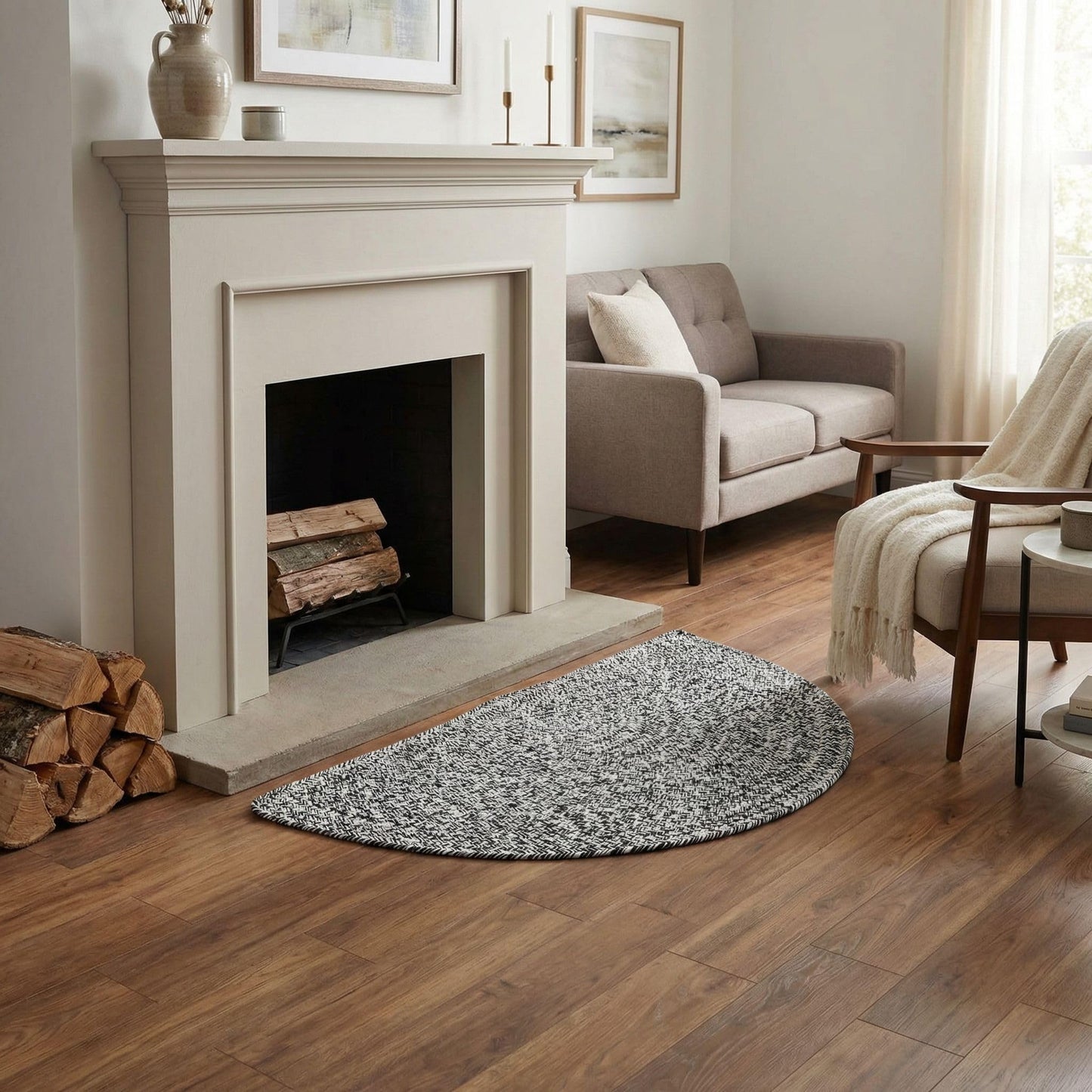 Super Area Rugs Half Circle Braided Rug, Cotton Half Round Kitchen Rug, Hearth Rug for Living Room, Reversible Half Circle Indoor Mat, Black & White, 20"x40"