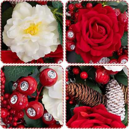 Prelit Christmas Wreaths for Front Door 24 Inch Holiday Wreath with Red Roses, White Peonies, Red Berries, Greenery & Velvet Bow Christmas Door Wreath Indoor Outdoor