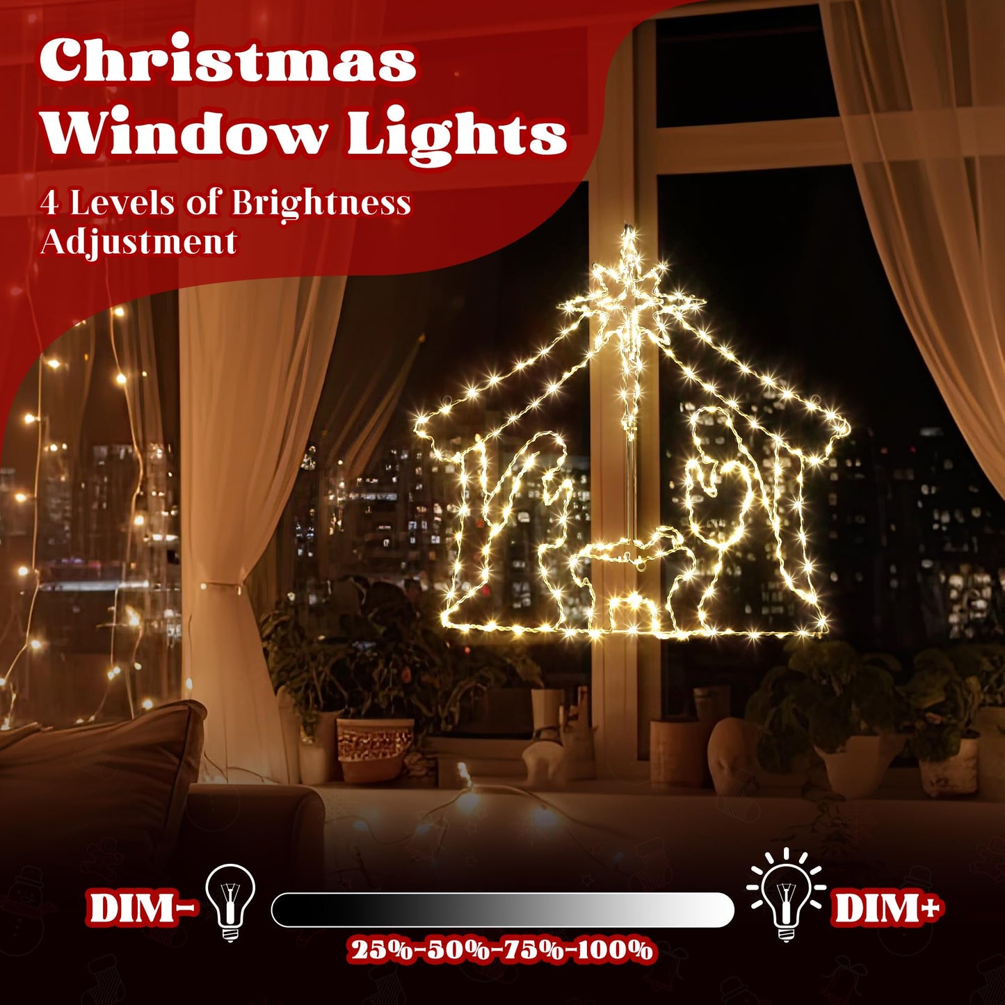 ElectricWise 26.4" Christmas Window Lights, Large Light up Nativity Scene Lighted with 260 LED & Remote, Star of Bethlehem Xmas Window Decorations Plug in for Decor Holiday Outdoor Indoor Home (White)