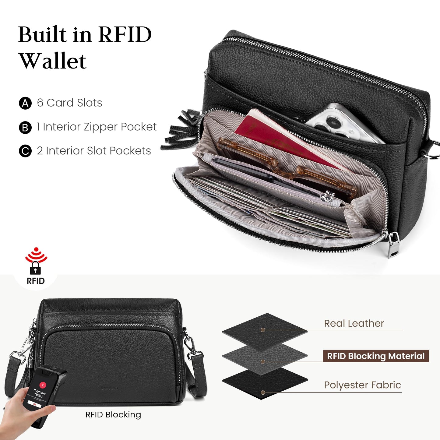 befen Black Genuine Leather Crossbody Bags for Women, Woman Anti-Theft Cross Body Shoulder Purse with Built in RFID Wallet