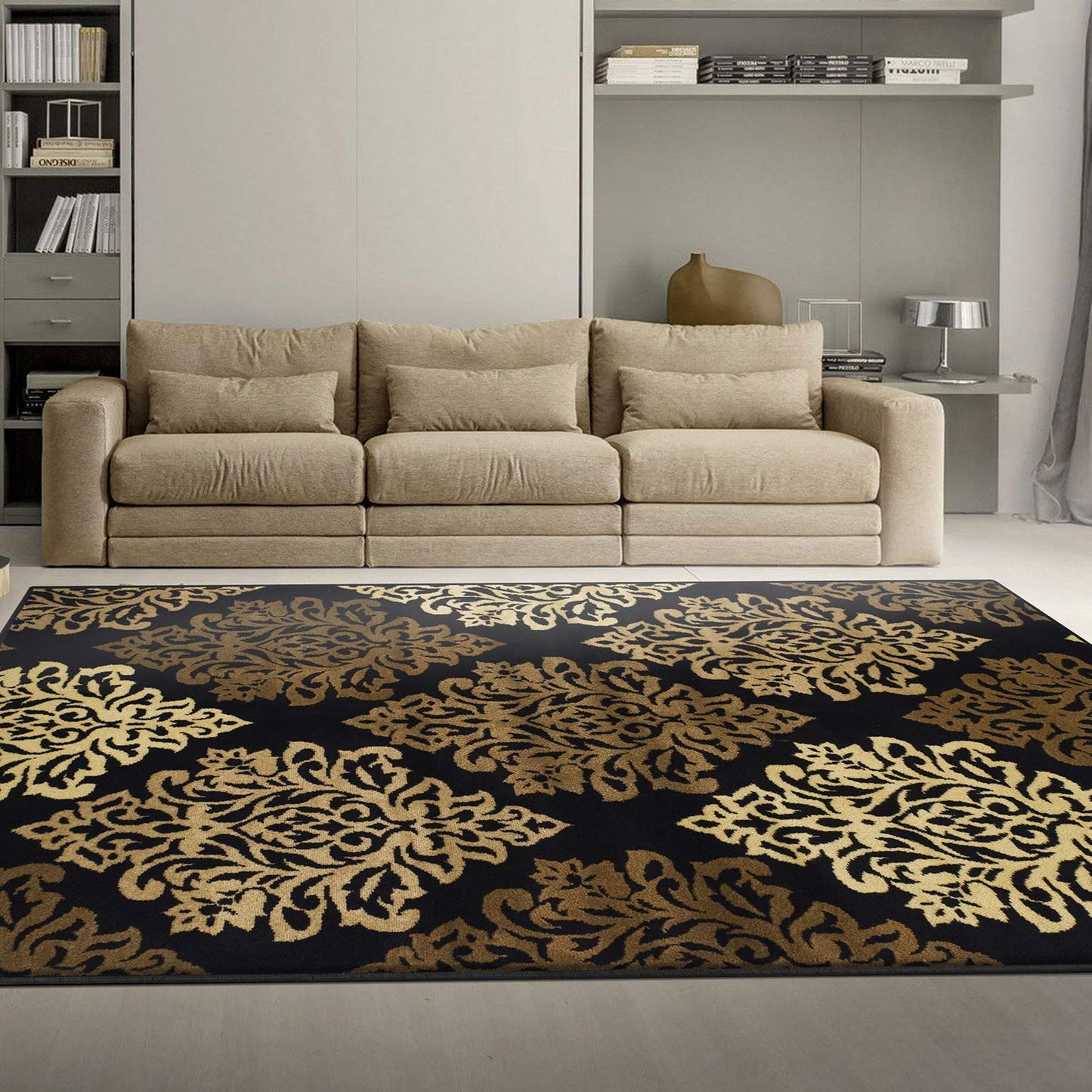 Superior Danvers Collection Area Rug, Modern Elegant Damask Pattern, 10mm Pile with Jute Backing, Affordable Contemporary Rugs - Black, 2' x 3' Rug