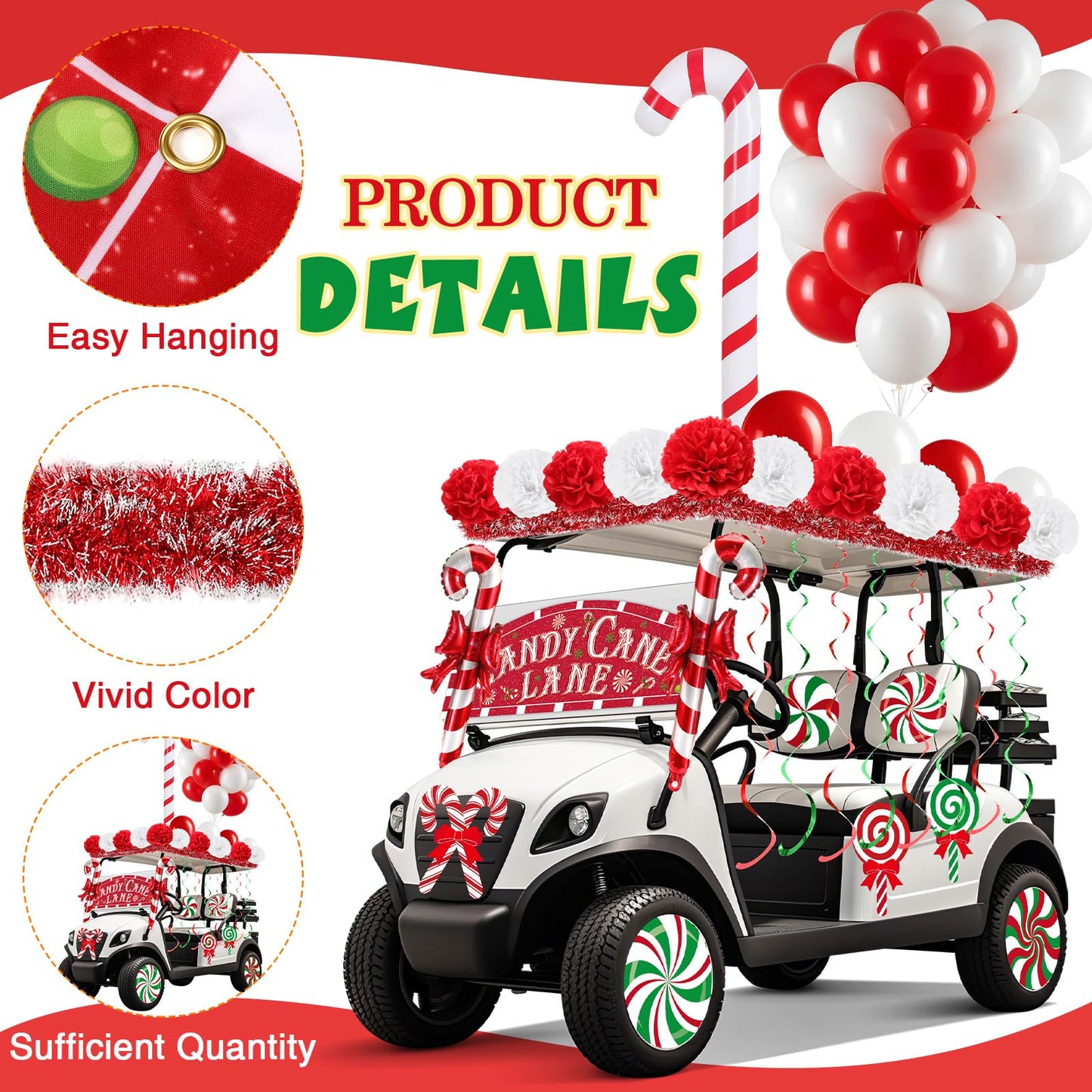 Soulchen 100 Pcs Christmas Golf Cart Decorations Xmas Candy Canes Lollipop PVC Decor Inflatable Red Tinsel Garlands Banner Red Hanging Swirls Tissue Paper Pompoms for Golf Cart Party Supplies Decor