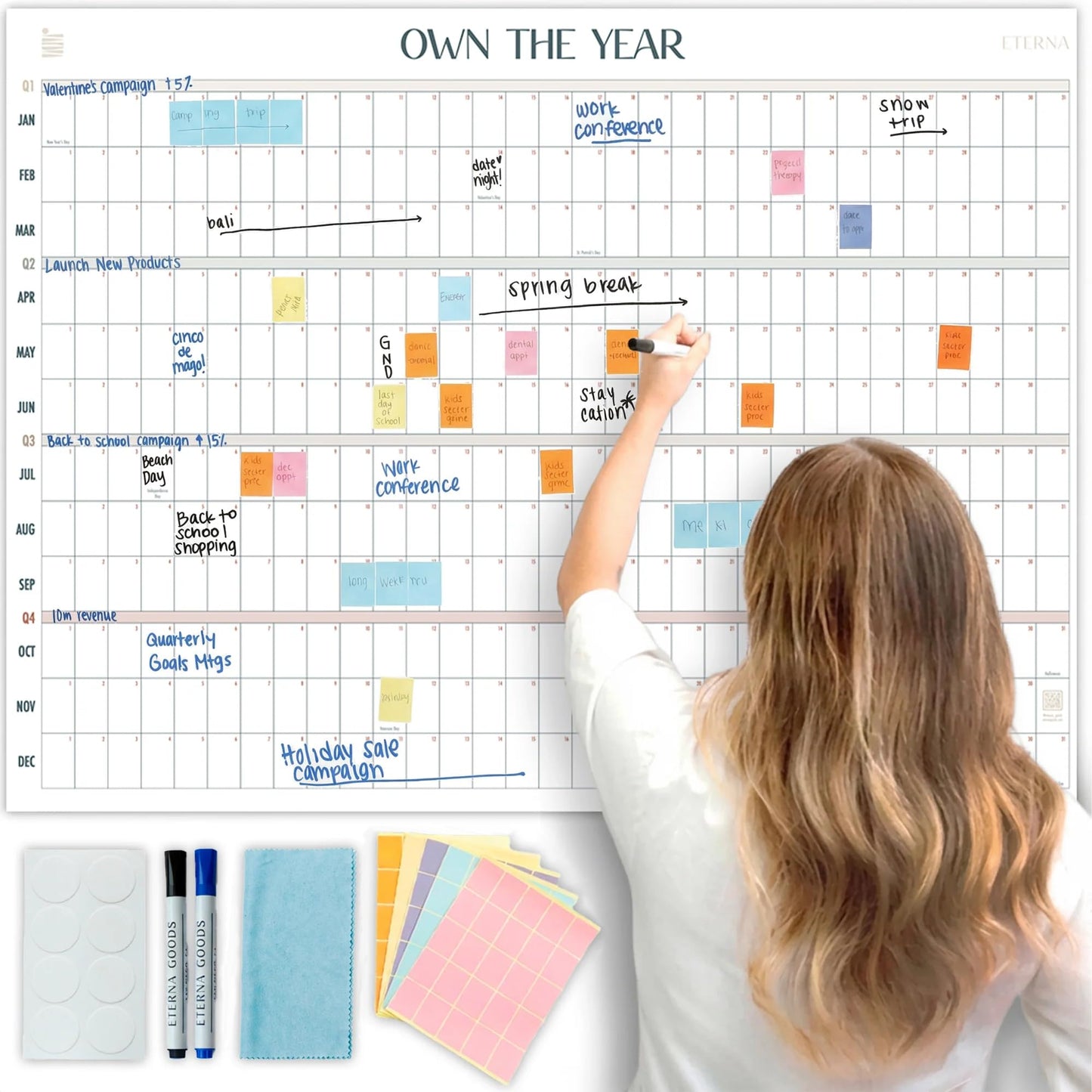 Own the Year GIANT UNDATED Wall Calendar | 4ft x 3ft Full-Year Dry Erase Planner Start Anytime, Jumbo Whiteboard Wall Calendar with Markers, Includes Stickers & Mounting Kit, Large Quarterly Layout for Home or Office