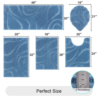 HEBE Bathroom Rugs Sets 5 Piece, Soft Absorbent Microfiber Bath Mat for Bathroom, Non Slip Washable Bath Rug Set with Toilet Cover, Bath Runner and U-Shaped Contour Toilet Rug, Blue