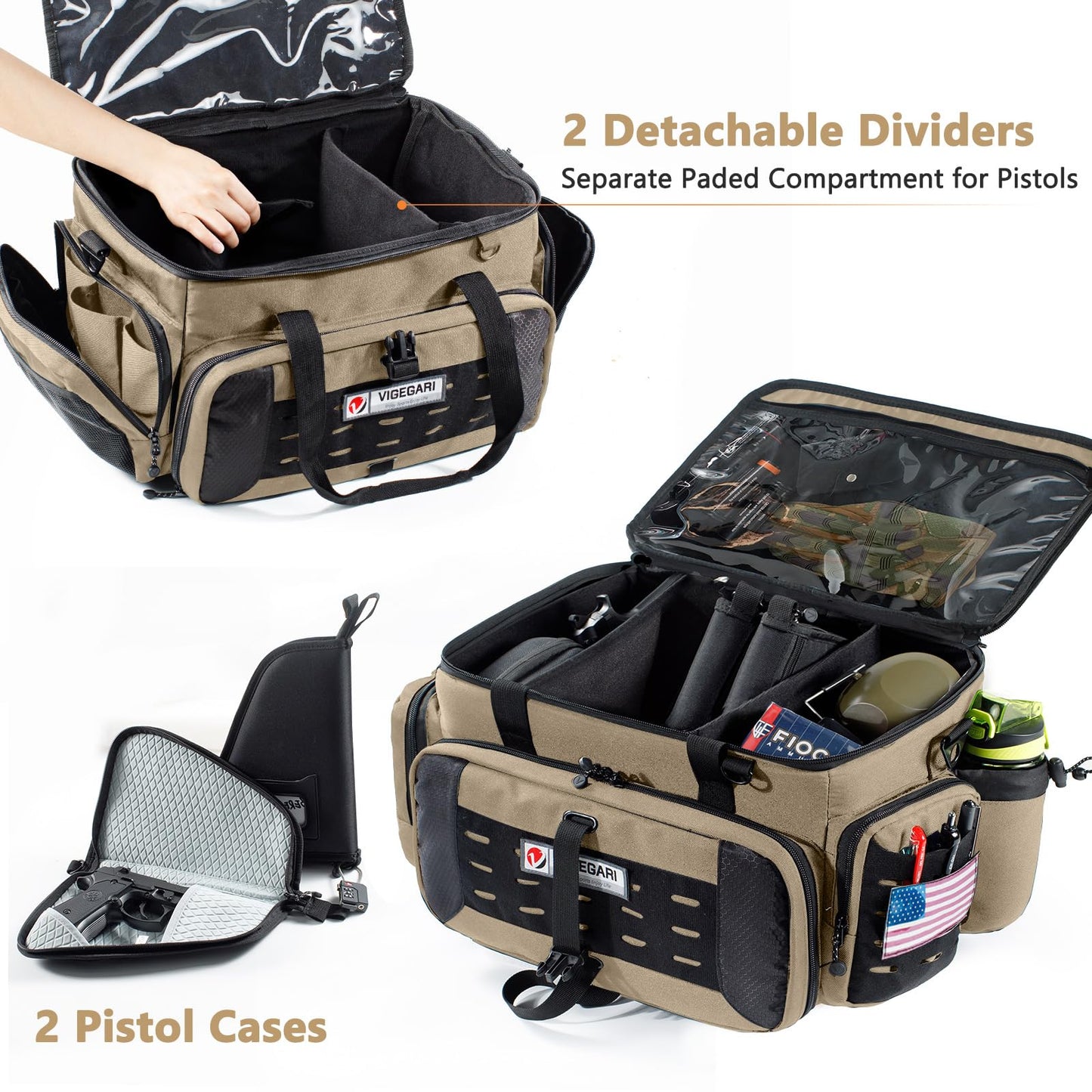 VIGEGARI Large Pistol Range Bag Shooting - Tactical Gun Range Bag with 2 Pistol Cases, Gun Bags for Handguns, Womens Gun Bag for Men, Gun Carrying Duffle Bag for Gun Accessories
