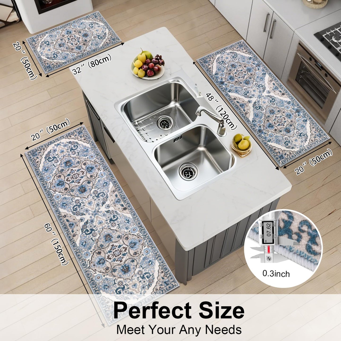 HEBE Farmhouse Kitchen Rugs Sets of 3 Non Slip Washable Boho Kitchen Rugs and Mats for Floor Kitchen Runner Rug Floor Carpet for Kitchen, Laundry, Hallways