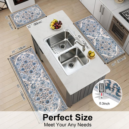 HEBE Farmhouse Kitchen Rugs Sets of 3 Non Slip Washable Boho Kitchen Rugs and Mats for Floor Kitchen Runner Rug Floor Carpet for Kitchen, Laundry, Hallways