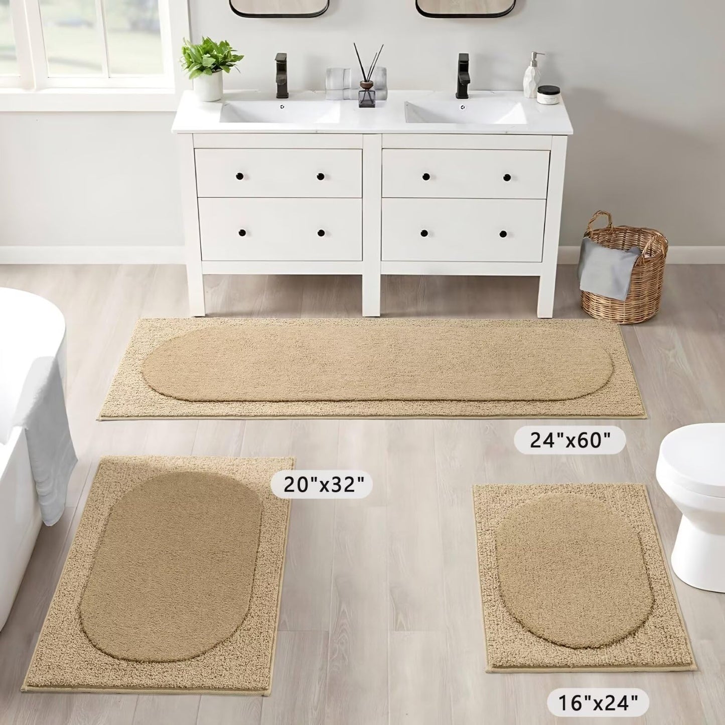 DEXDE Bathroom Runner 24"x60" - Ultra Soft Shaggy Long Bath Mat, Non-Slip Absorbent Plush Microfiber Rug for Bathroom Floor & Hallway, Machine Washable, Beige