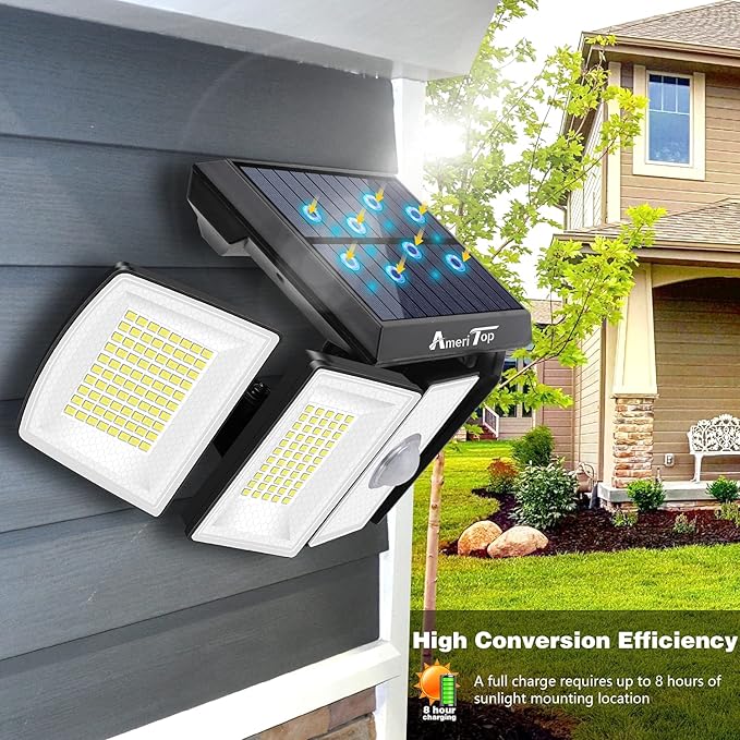 AmeriTop Solar Lights Outdoor 300 LED 6500K Motion Sensor Lights Cordless; 5 Adjustable Heads, 360° Wide Angle Illumination, IP65 Waterproof, Security Flood Light for Patio Yard Garden 2 Pack