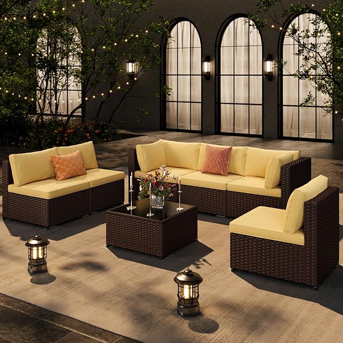 Ahomly 7-Piece Patio Furniture Set, Outdoor Sectional Couch with Water-Resistant Cushions & Coffee Table, PE Rattan Outdoor Patio Sofa Set for Backyard, Deck, Garden, or Porch, Beige