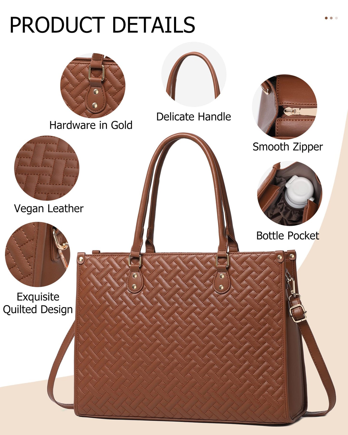 BAVERGE Lunch Tote Bag for Women, Vegan Leather 15.6” Laptop Bag with Insulated Compartment Quilted Purse for Work Teacher Nurse