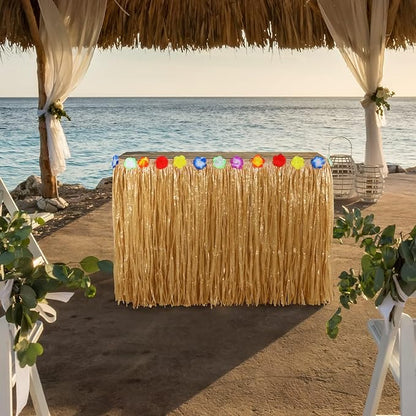 Aodaer 4 Pack Thickened Grass Table Skirt Natural with Hibiscus Flowers 400g Hawaiian Luau Tropical Party Decor Fringe Party Decoration for Costume Tiki Tropical Hawaii Moana Birthday, Straw Yellow