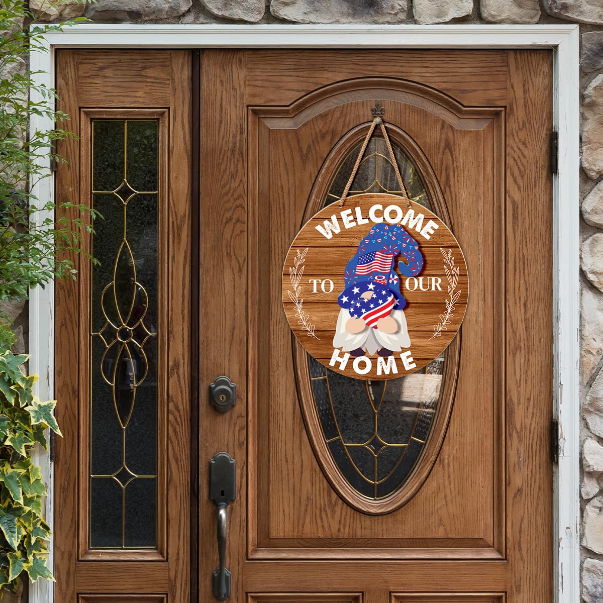 Interchangeable Gnome Welcome Sign Summer Patriotic 4th of July Door Wreath for Home, Gnomes Front Porch Decor Seasonal Wall Hanging Wood Wreath for Spring Fall Winter All Seasons Holiday, Caramel