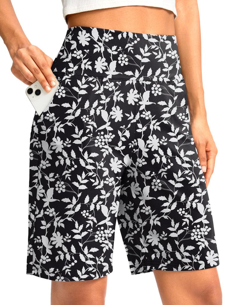 G Gradual Women's Bermuda Long Shorts with Pockets 9" High Waisted Knee Length Shorts for Women Walking Athletic Workout(White Flower,XXL)
