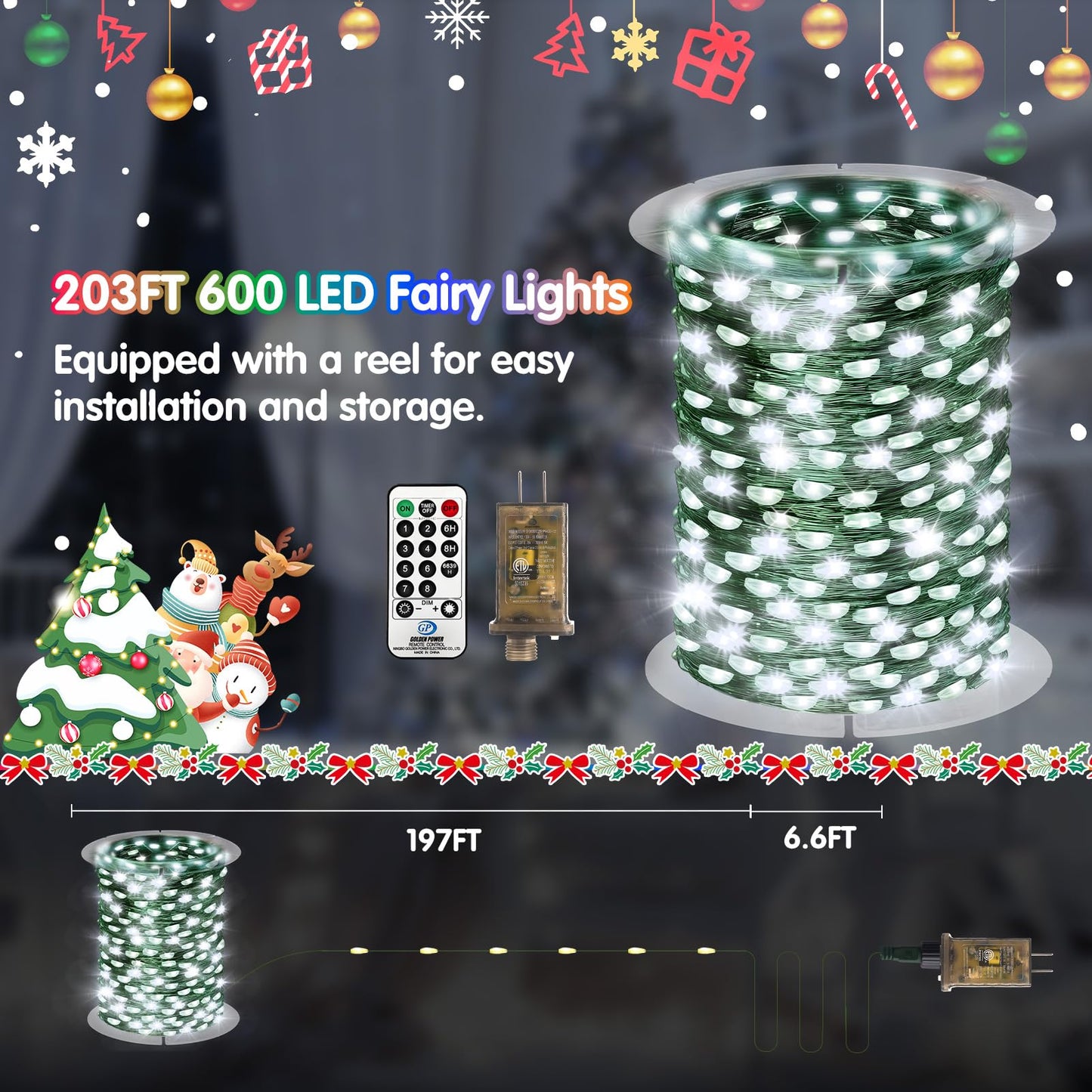 KNONEW 203FT Outdoor Christmas Fairy Lights Plug in,600 LED String Lights Outdoor Waterproof 8 Modes Memory Times for Wedding Bedroom Walls Garden Trees Decoration(Cool White)