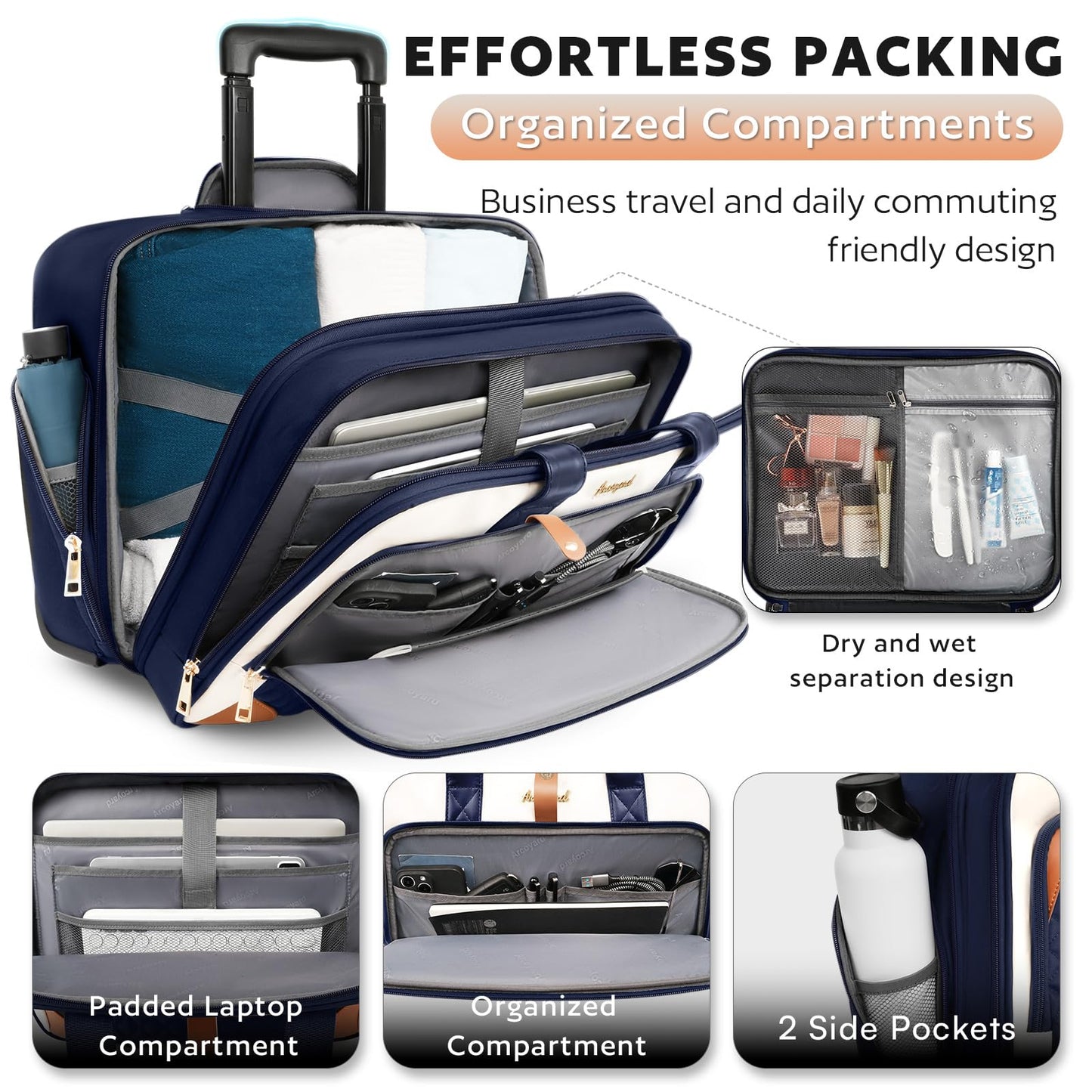Arcoyard Rolling Laptop Bag, Rolling Briefcase for Women with Waterproof Pocket, 16 Inch Computer Bag, Underseat Carry On Luggage with Wheels for Work Travel Business, Lightweight Navy Blue Brown