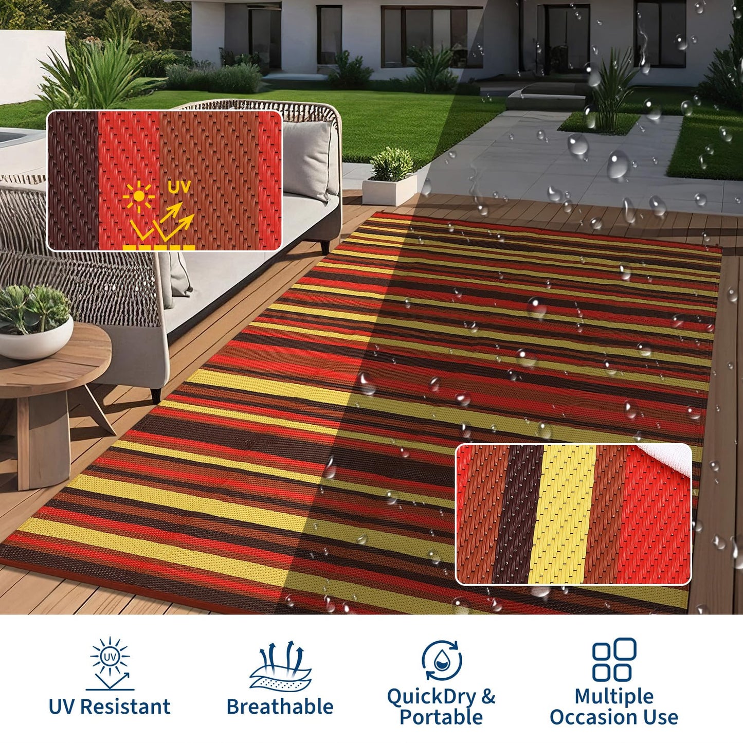 GAOMON 9x18 Outdoor Rug Waterproof for Patio Plastic Straw Large Rug Geometric Stripe Indoor Outdoor Area Rug Modern Lines Camping Rugs for RV Porch Deck B Trailer Beach, Purple/Red/Orange/Yellow