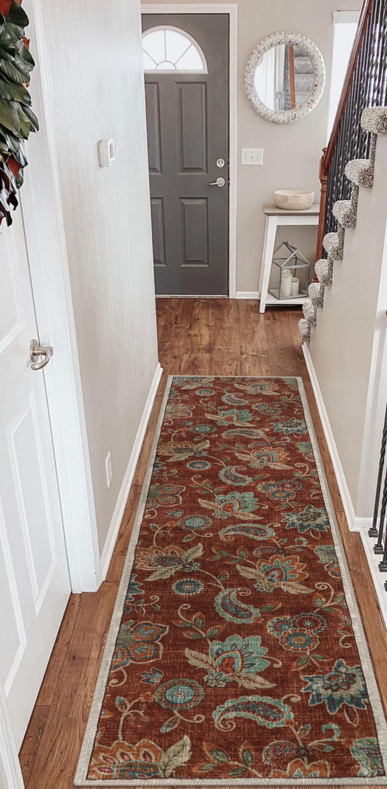Morebes Floral 2x8 Runner Rug Non Slip,Washable Runner Rugs for Hallway 2x8, Non Skid Bath Mat Distressed Paisley Rug Indoor Floor Carpet Runner for Kitchen Entryway Laundry Foyer, Red