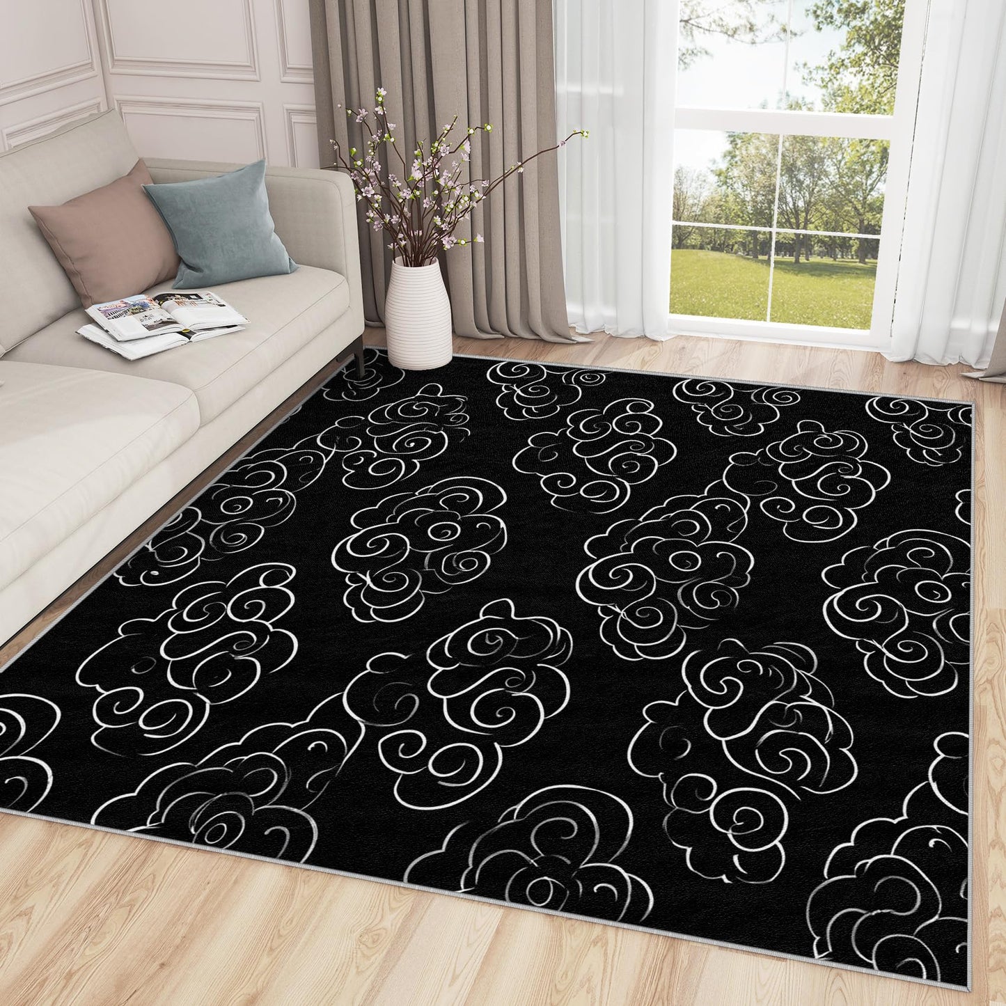 Aquailis Japanese Rugs for Living Room - 2x3 Rug, Cloud Area Rug, Black and White Washable Non Slip Soft Rugs, Asian Oriental Carpet, Minimalist Cloud Home Decor, Japanese Gifts for Women