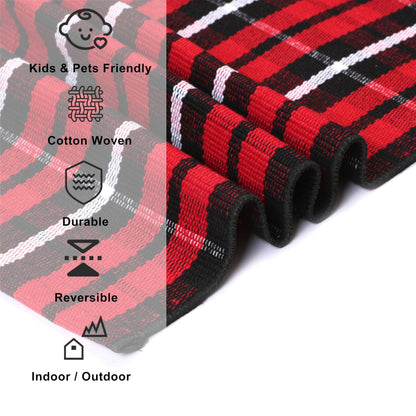 Christmas Rugs Red and Black Plaid, 8'x10' Area Rug Outdoor Indoor Front Porch Doormat Cotton Hand-Woven Layered Door Mats for Entryway Patio Entryway Laundry Bedroom Living Room