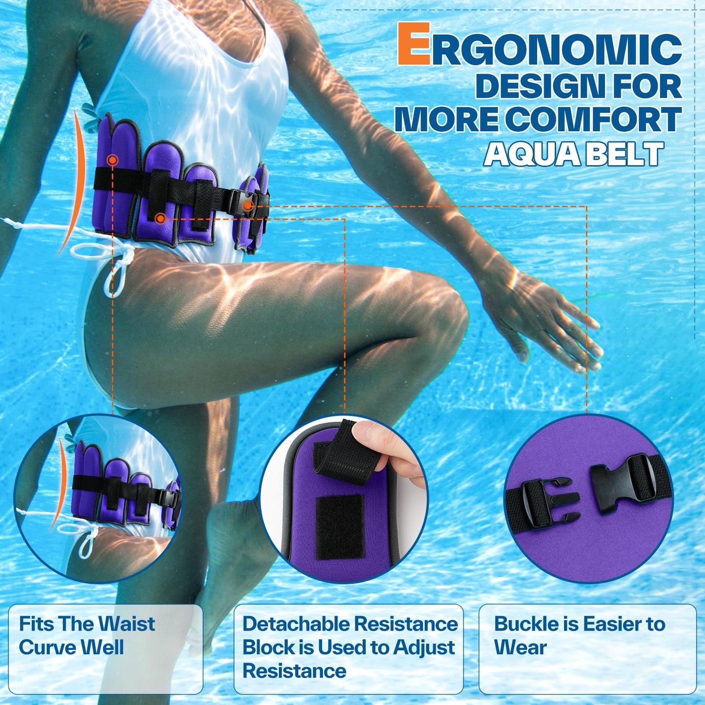 Sportneer Aqua Belt Water Aerobics Equipment: Swimming Belt Pool Exercise Equipment for Adults Aqua Float Belts with Adjustable Foam Blocks for Aquatic Fitness Training Low-Impact Workout Purple