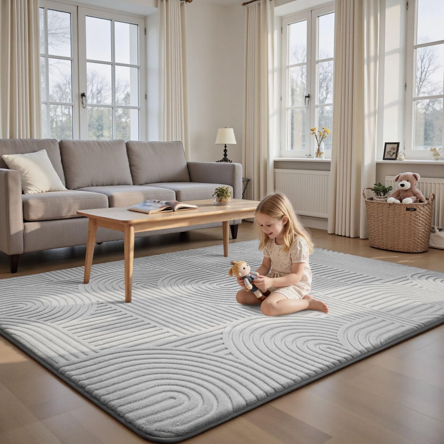 Sour Lemon Area Rugs 9x12 Living Room, Machine Washable Rugs for Bedroom, Soft Large Area Rug Modern Geometric, Non-Slip Grey Rug Carpet, Indoor Rug for Kids Room Dorm Office Home Decor Aesthetic