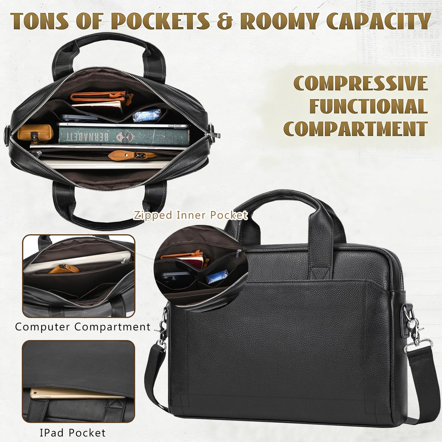 Leather Laptop Bag for Men, Laptop Briefcase Fits Up to 15.6 Inch Notebook, Portable Shoulder Messenger Crossbody Bag for Travel Business Office