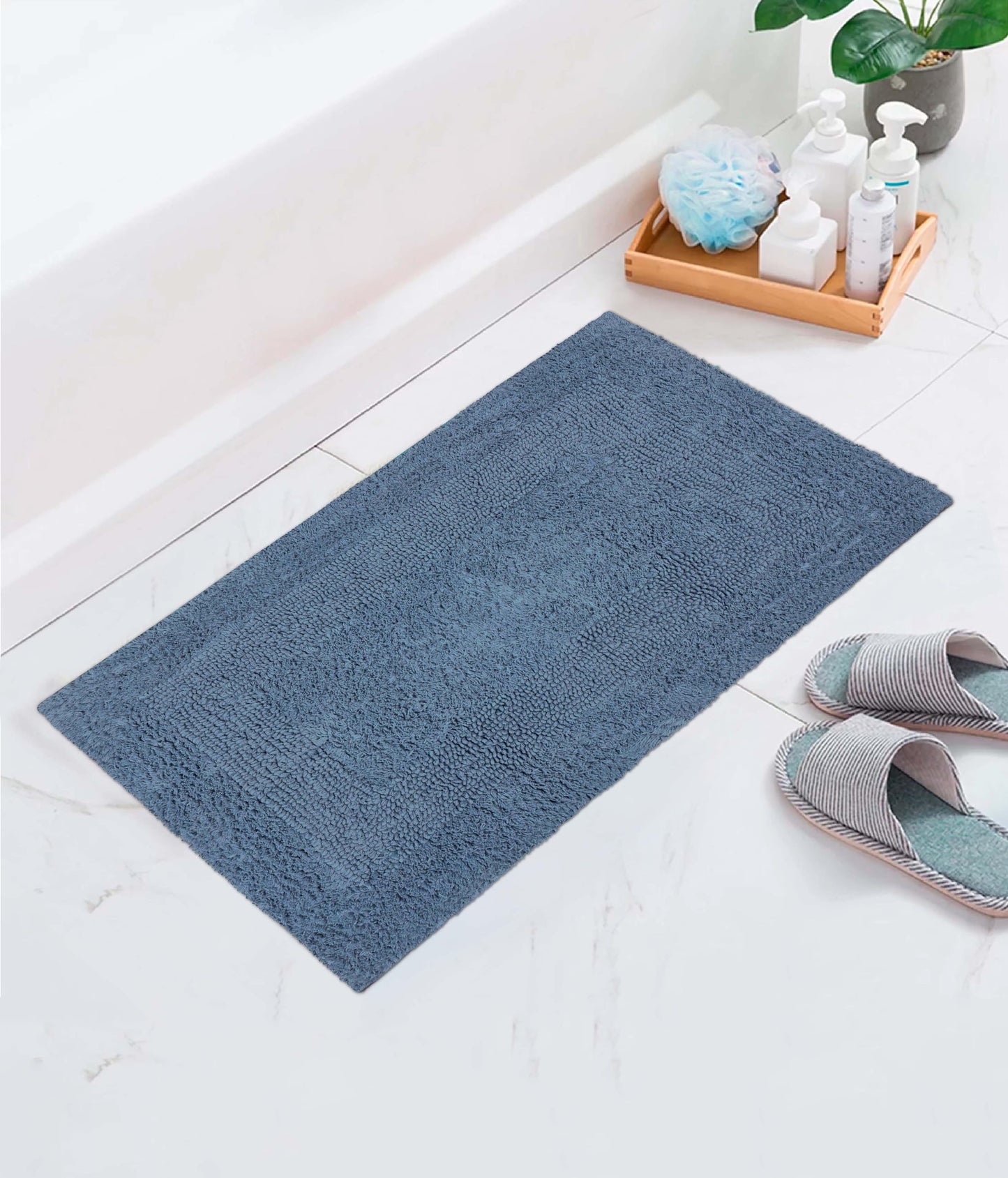 COTTON CRAFT Luxurious Bath Mat Rug - Set of 2 Reversible Heavyweight Step Out Bath Mats for Bathroom Floor, Tub and Shower - Pure Cotton Soft Plush Absorbent Tufted Racetrack Mat - 17x24 - Azure Blue