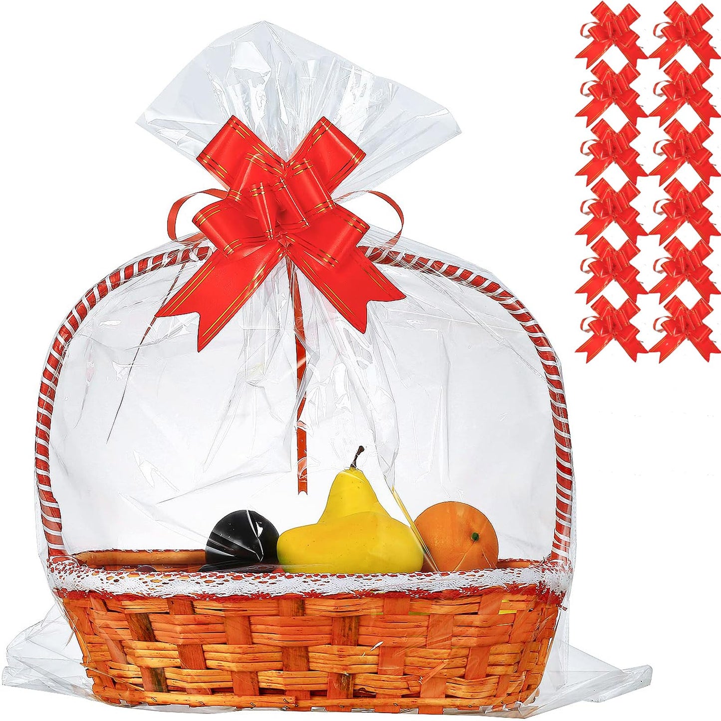 30 Packs 32 x 40 Inches Extra-large Gift Wrap Cellophane Bags for Basket Jumbo Clear Cellophane Wraps Clear Huge Cello Bags for Basket, Gift, Christmas Tree, Treat, Art and Craft, 30ct Red Ribbon Bows