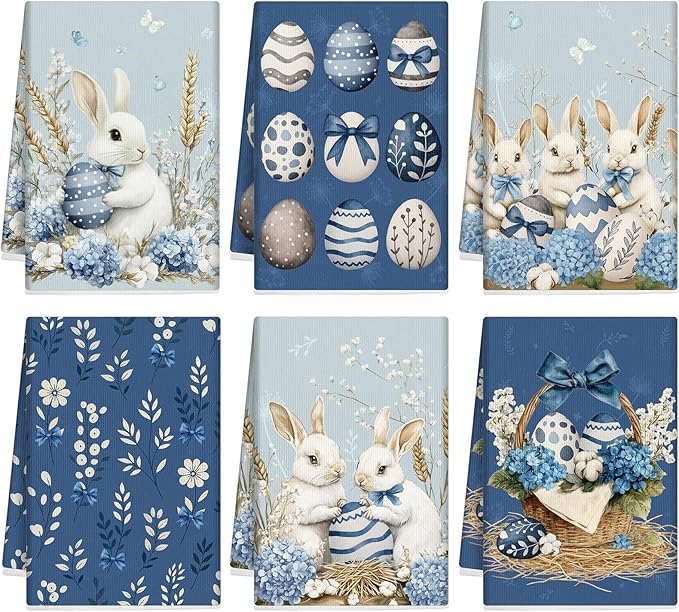 Breling Set of 6 Easter Decorations Easter Kitchen Towels Blue Rabbits Bunny