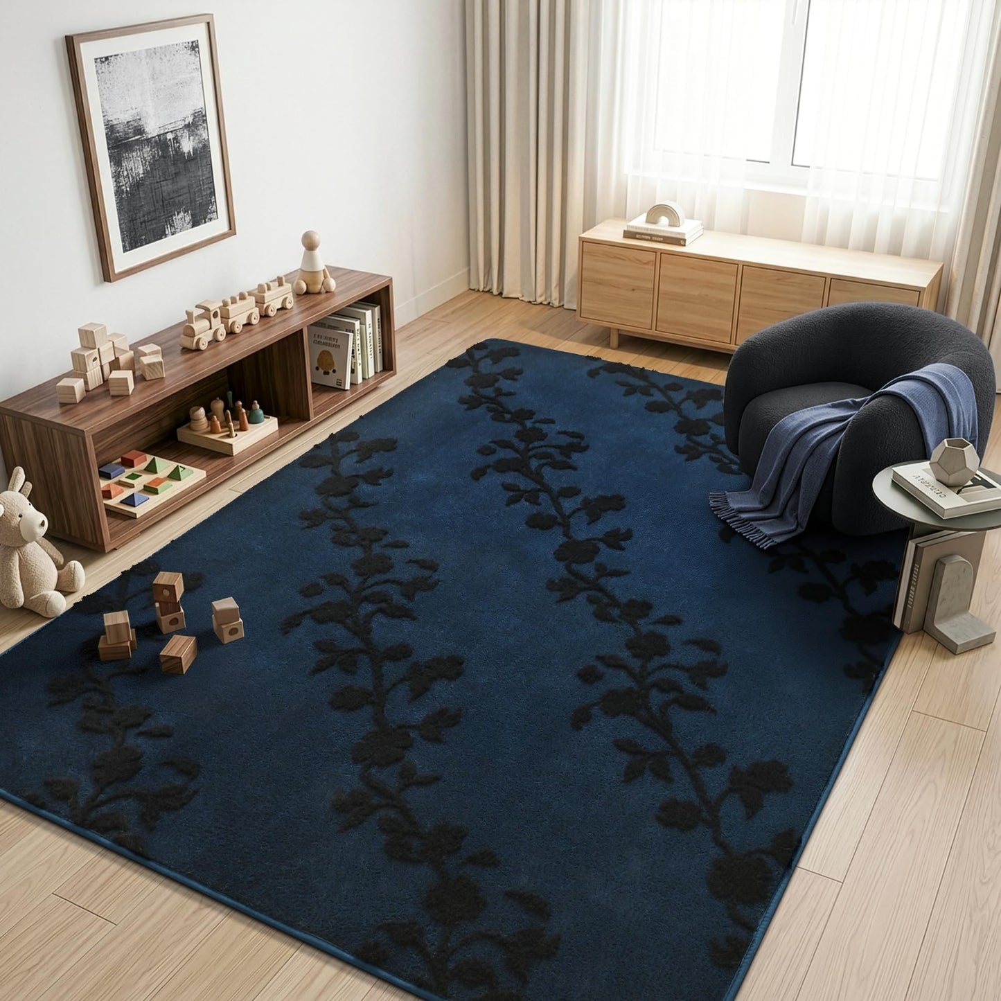 Opreine Large Area Rugs for Living Room Bedroom, 6x9 Feet Navy Blue Thickened Memory Foam Indoor Washable Rug, Black Flower Gothic Non-Slip Soft Carpets for Girls Boys Padded Rugs Dorm Room Mat