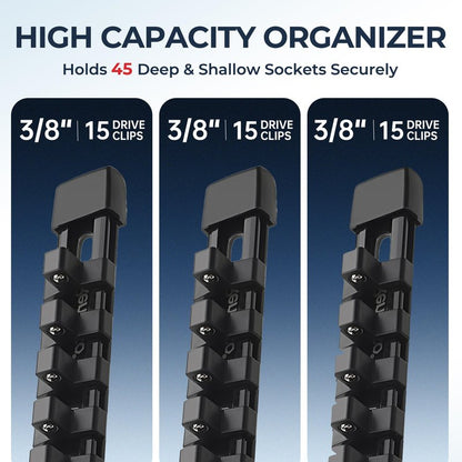 Reniteco 3-Piece Socket Organizer - 3/8-Inch Drive x 45 Clips, Heavy Duty ABS Socket Holder with Removable End Caps, Premium Socket Rail for Tool Box Drawer