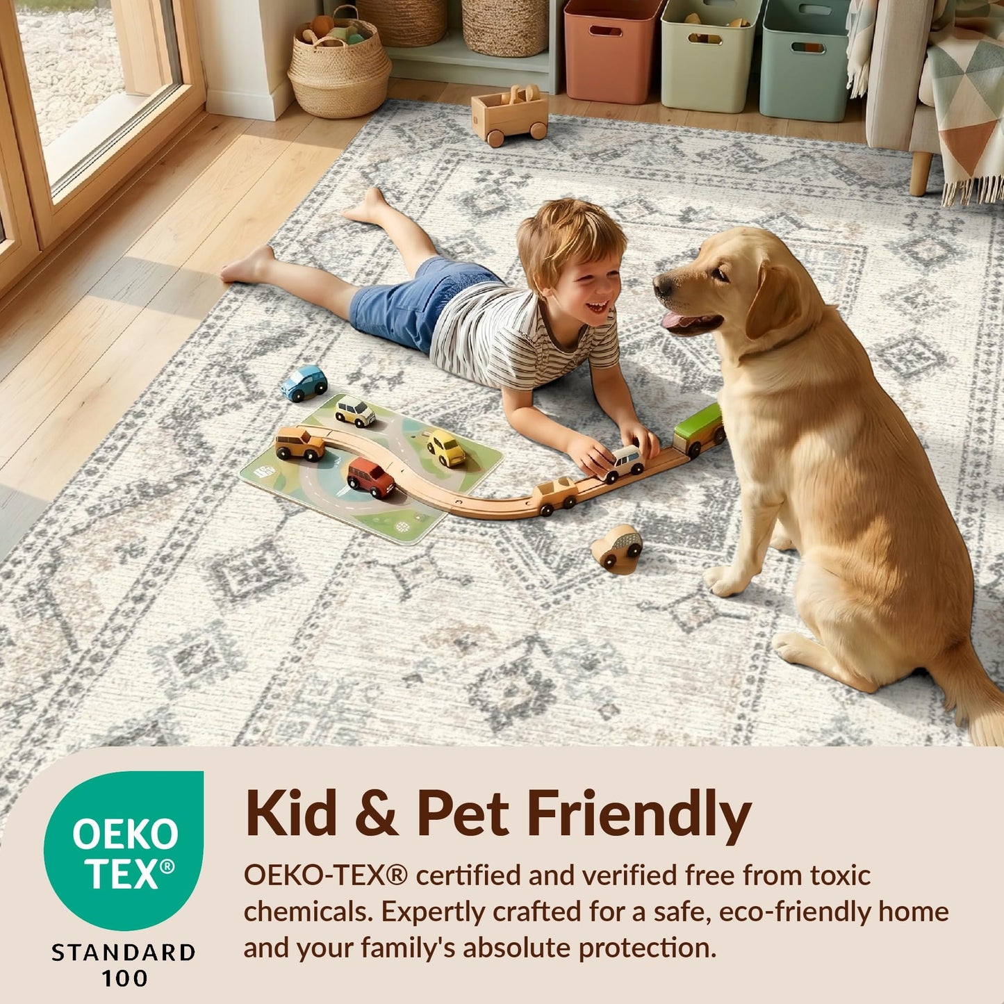 Design&I 8'x10' Washable Area Rug Traditional Medallion Centerpiece Rectangular Border Panel Design for Dining Room, Large Office, Lounge, Snag-Free Chair-Friendly Large