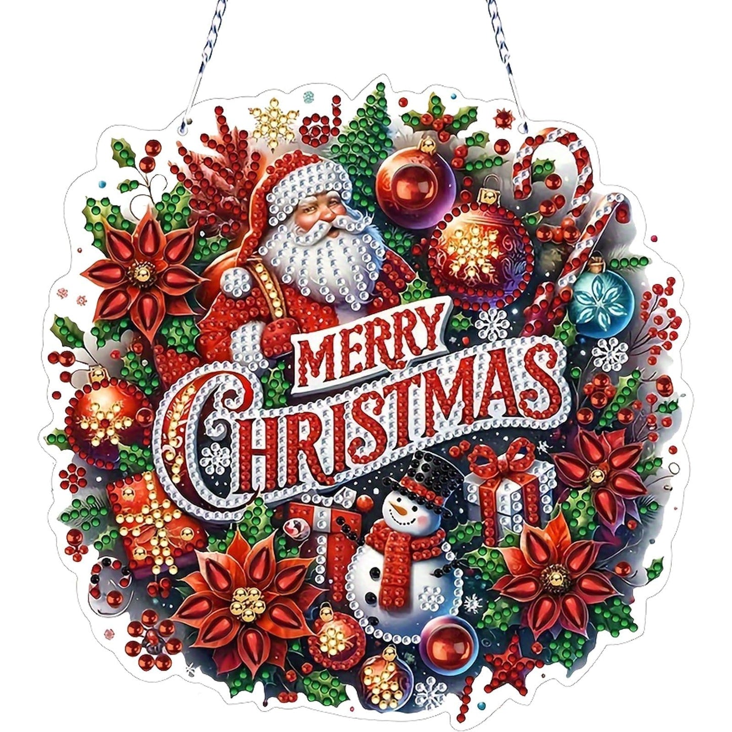VODAPYC Christmas Santa Diamond Art Hanging Kit for Adults, DIY Double Sided Special Shaped Diamonds Art Window Pendant Ornament for Home Decor(Santa Wreath-2)