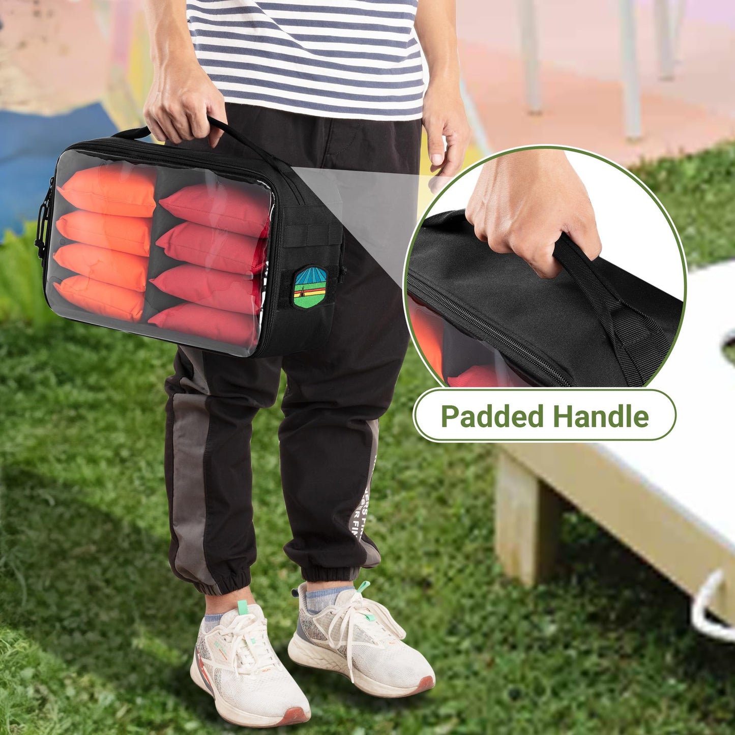 GOBUROS Cornhole Bag Carry Case Holds Up To 8 Bags, Cornhole Bean Bag Holder with Padded Divider, Flag Patch Area and Portable Handle for Men and Women, Black,