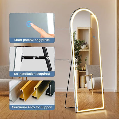 OLIXIS 20"x 63" Arched LED Full Length Mirror with Lights, Standing Lighted Floor Full Body Mirror with 3 Color Lighting, Wall Mounted Mirrors for Bedroom, Bathroom, Entryway with Tempered Glass