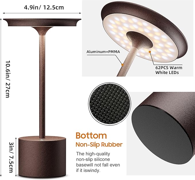 2Pack Cordless Table Lamp, Portable Rechargeable 6000mAh Outdoor Table Lamp, 3 Color Stepless Dimming Battery Powered Lamp, LED Table Light for Dinner/Bedroom/Restaurant/Outdoor (2Pack Rust)