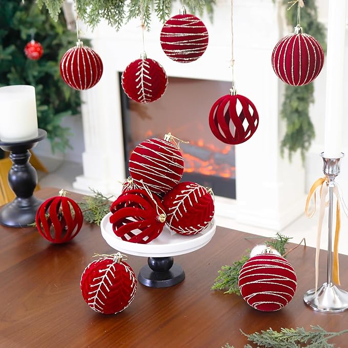 3.15INCH Burgundy Velvet Ornaments for Christmas Tree, 12PCS Glitter Flocked Christmas Ornaments Decorations Balls Set Decor
