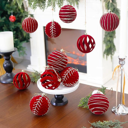 3.15INCH Burgundy Velvet Ornaments for Christmas Tree, 12PCS Glitter Flocked Christmas Ornaments Decorations Balls Set Decor