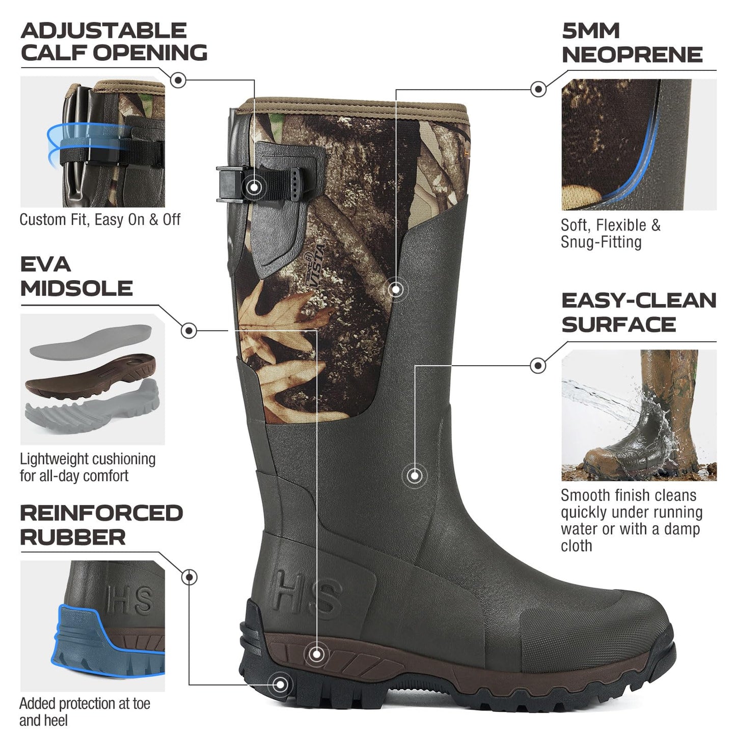 HISEA Men's Tall Boot with Arctic Ice Grip, Waterproof Rubber Rain Boots, Insulated Neoprene Warm Mud Boots for Outdoor Work Hunting