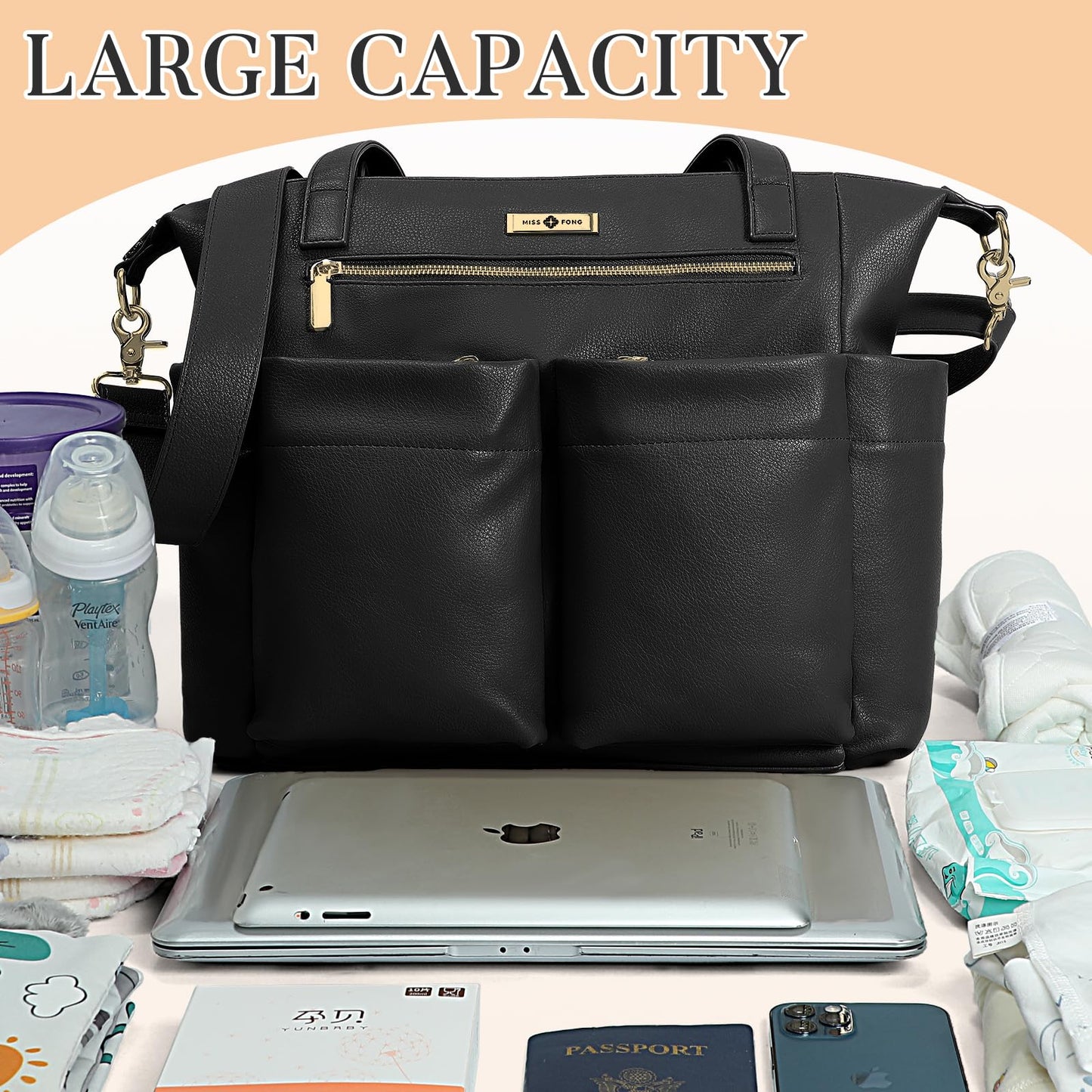 miss fong Diaper Bag Tote Leather Diaper Bag Backpack Pañaleras Para Bebe with 15 Pockets,Leather Diaper Tote with Diaper Changing Pad, Baby Bag for Moms Mommy Bag for Women-Black