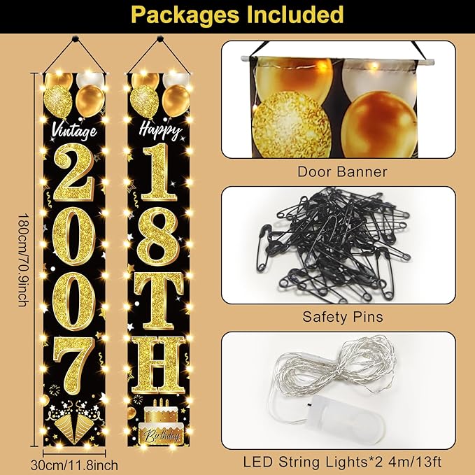18th Birthday Party Banner Lighted Decorations for Men and Women - Black Gold Vintage 2007 18th Birthday Door Banners with LED Light, Eighteen Years Birthday Party Supplies for Indoor Outdoor Decor
